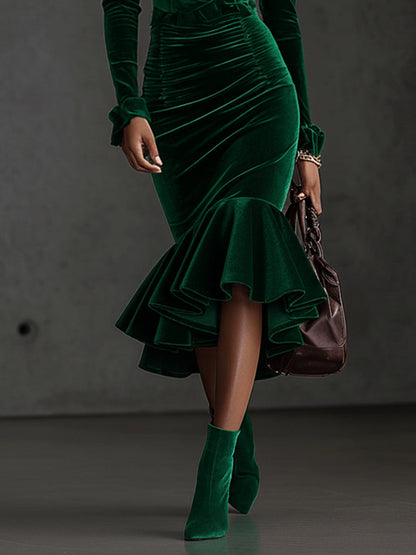 Emerald Velvet High Neck Puff Sleeve Mermaid Long Sleeve Midi Dress