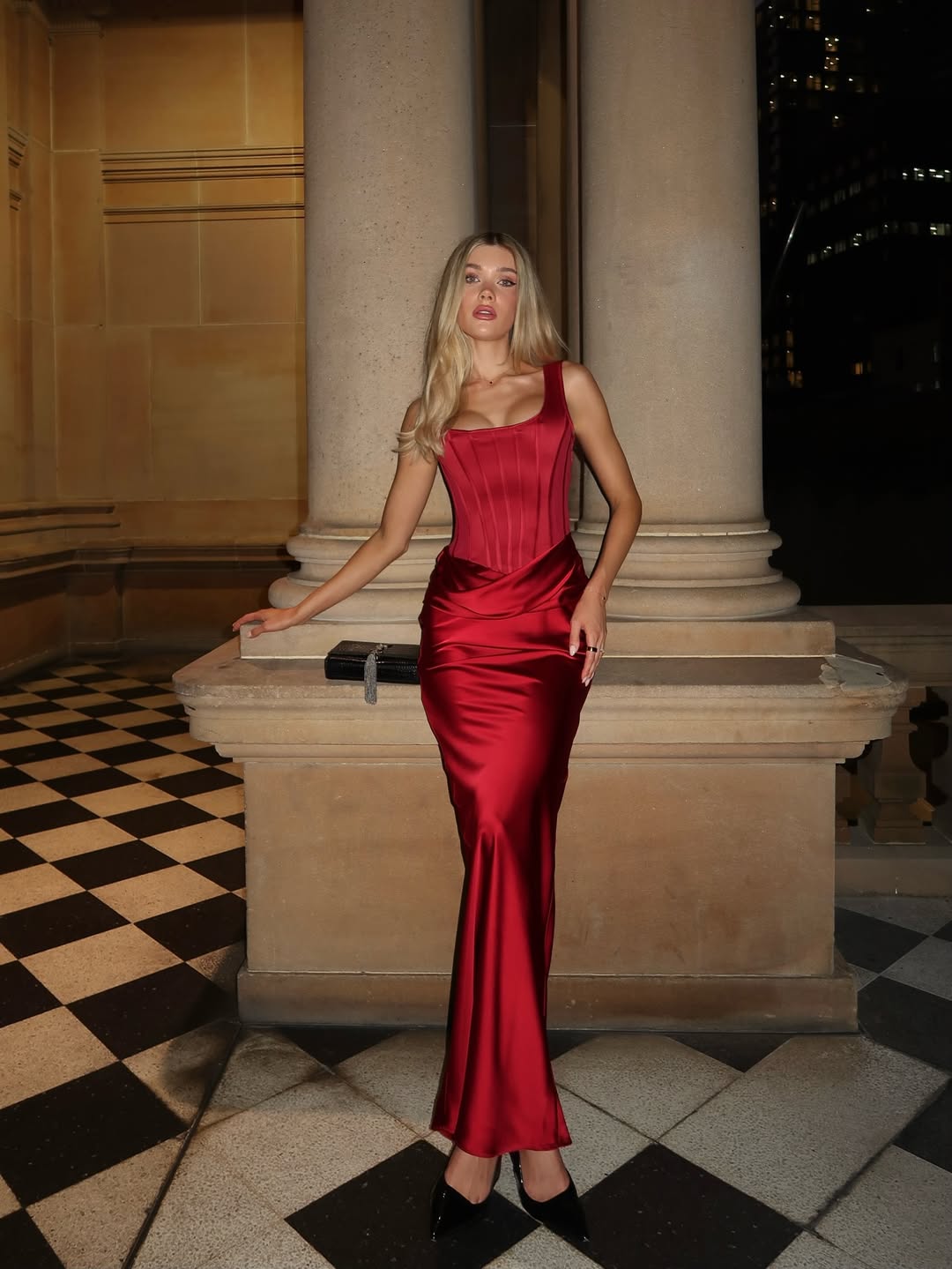 Red Satin Square Neck Sleeveless Long Mermaid Prom Dress With Pleated