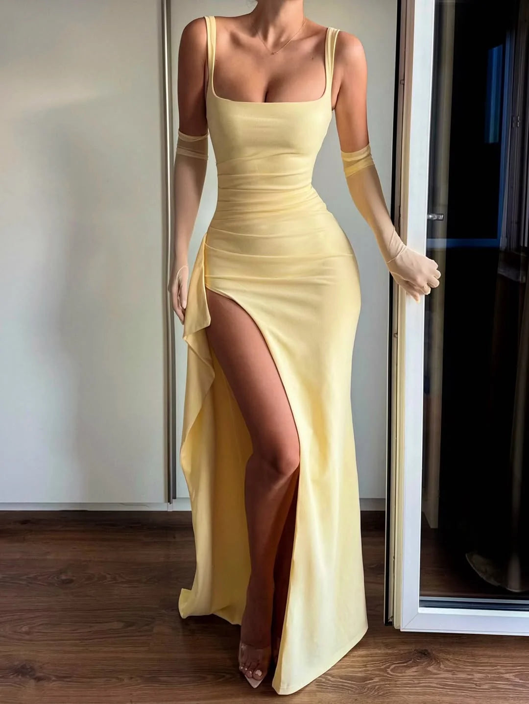 Silky Daffodil Square Sheath Split Prom Dress With Tulle Gloves YK0364