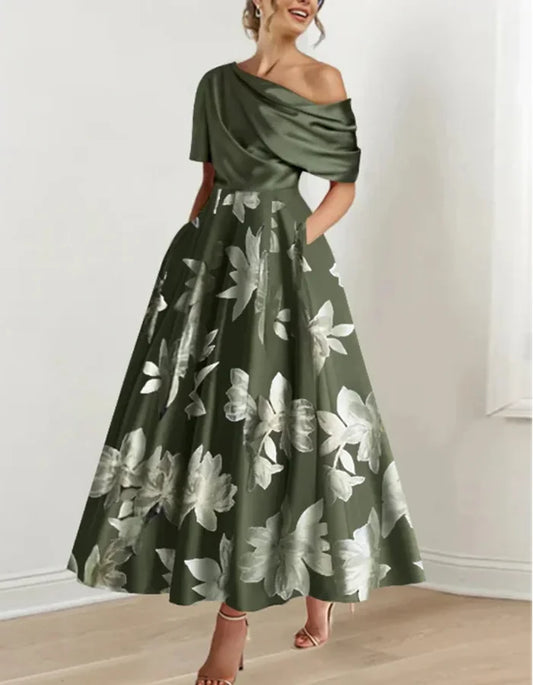 Retro Off-shoulder Solid Color Print Stitching Midi Dress