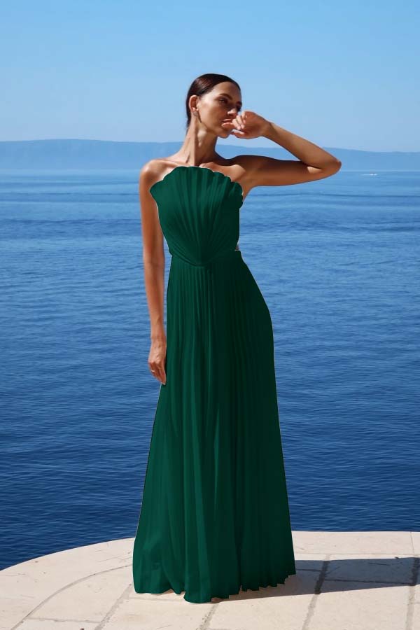 Simple White Chiffon Strapless Sleeveless Long Prom Dress With Pleated