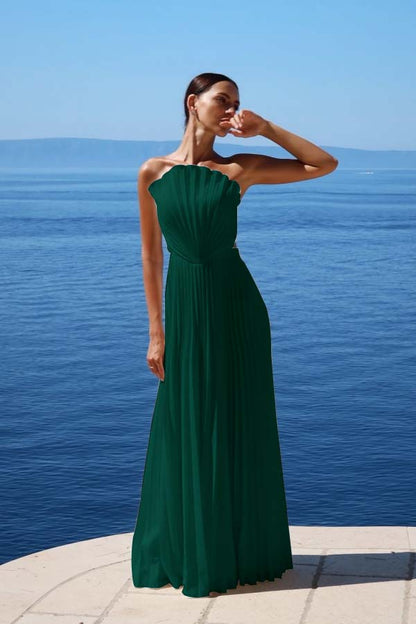 Simple White Chiffon Strapless Sleeveless Long Prom Dress With Pleated