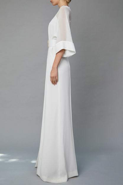 splice deep v neck tie up waist wide leg chiffon jumpsuit