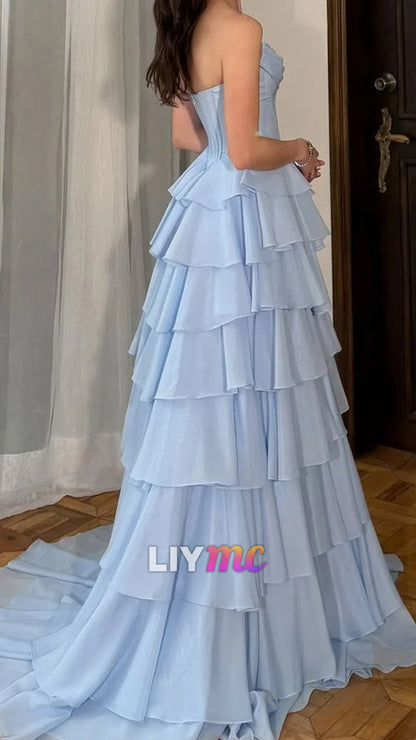 Romantic Sky Blue Sweetheart Beaded Ruffles Sleeveless Prom Dress