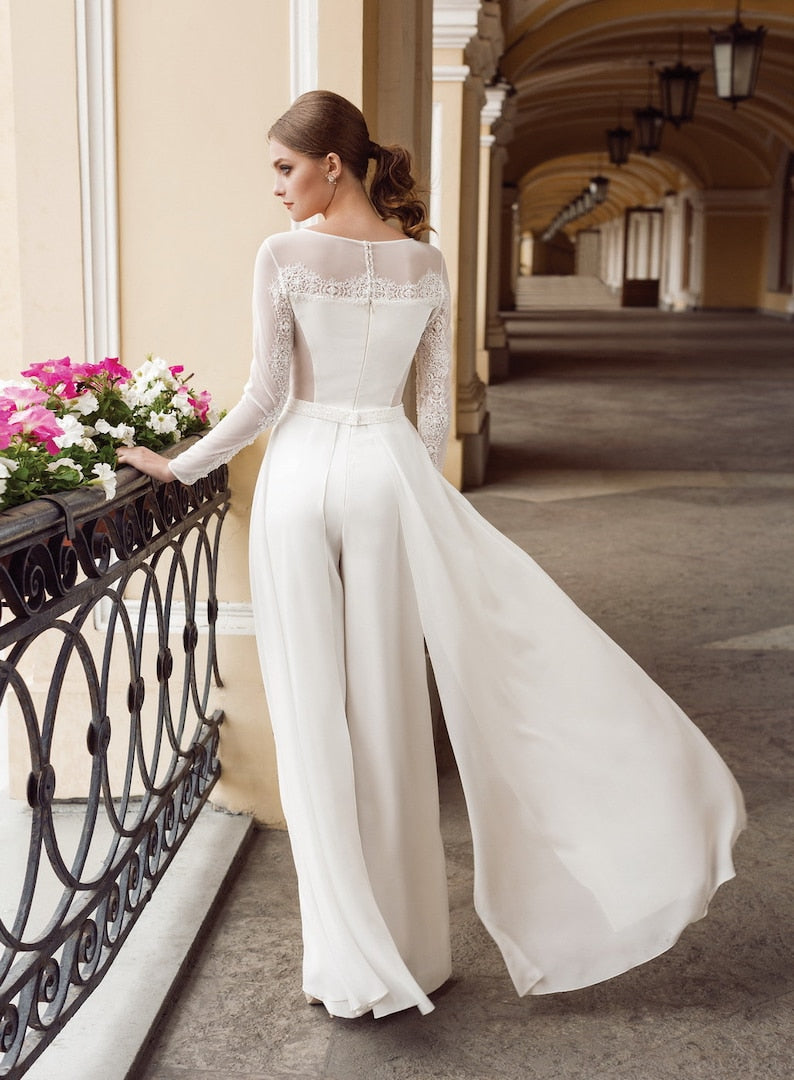 Beautiful Casual Long Sleeve Bridal Wedding Jumpsuit Simple White Wide Leg Mock Skirt