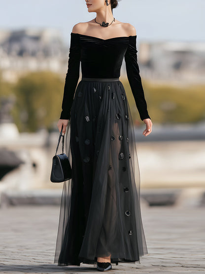 Black Off-Shoulder Velvet & Tulle Maxi Dress