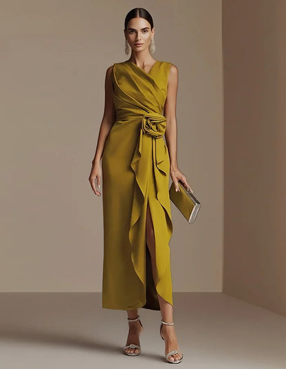 Sophisticated Satin Midi Dress with Draped Bodice and Floral Waist