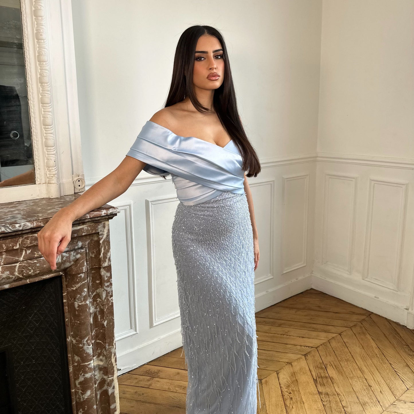 Off-Shoulder Beaded Embroidery Sheath Evening Dress