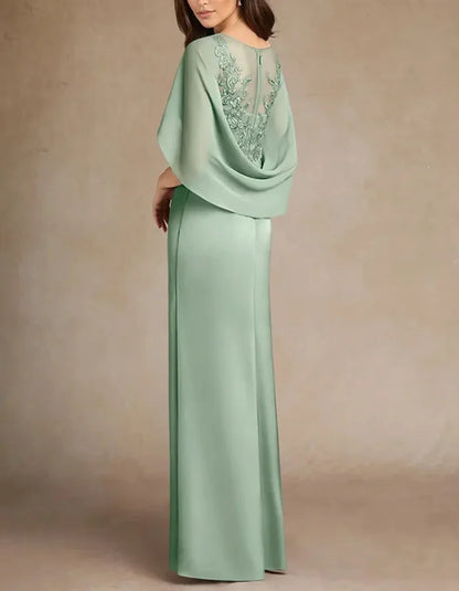 Elegant Eucalyptus Green Cape Sleeve Evening Dress with Lace Details