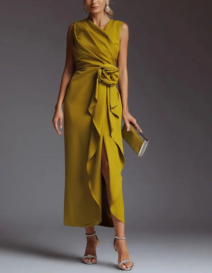 Sophisticated Satin Midi Dress with Draped Bodice and Floral Waist