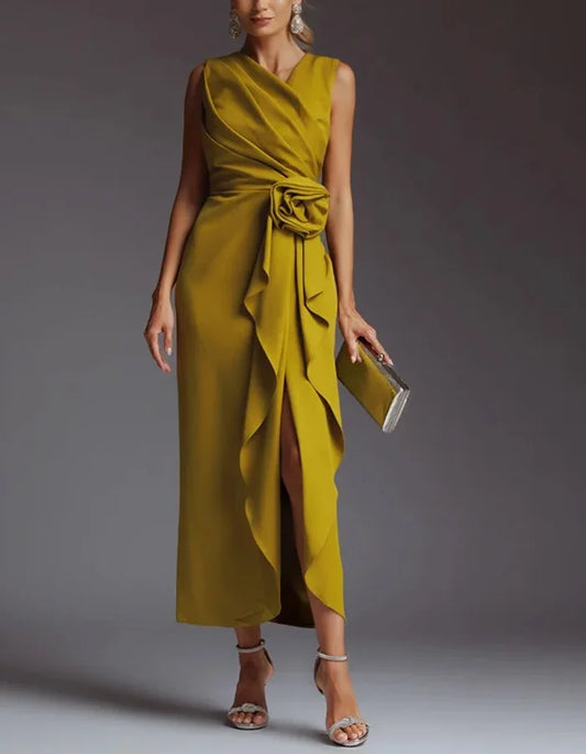 Sophisticated Satin Midi Dress with Draped Bodice and Floral Waist