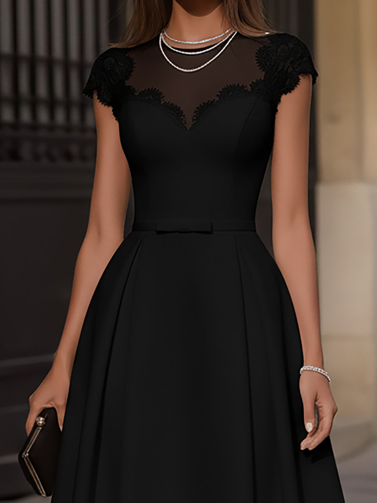 Elegant Black A-Line Dress With Lace Short Sleeves