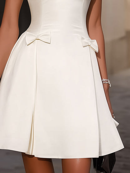 Cream Satin A Line Dress With Mesh Sleeves