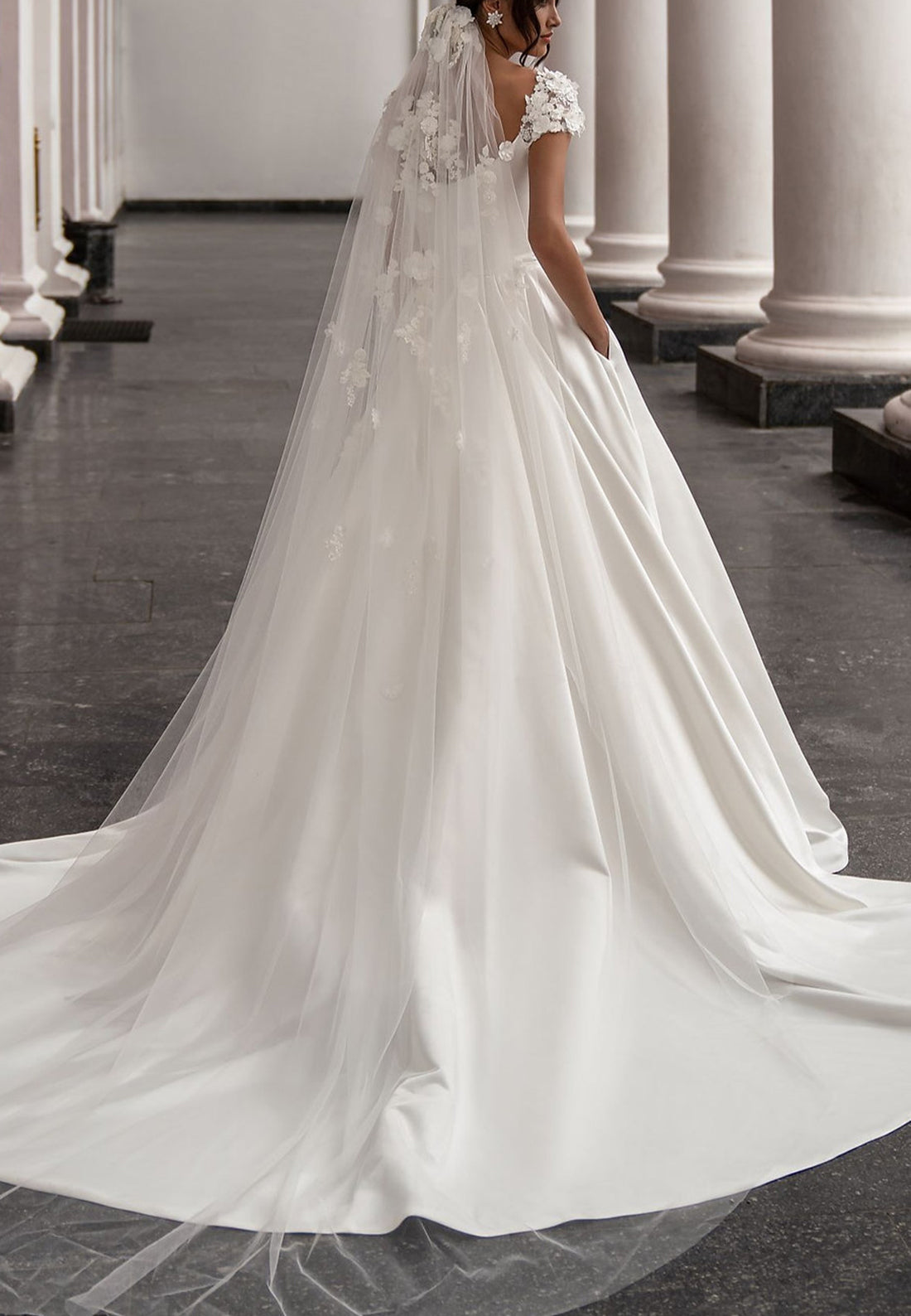 Square Cap Sleeves Pleated Satin A-Line Wedding Dress
