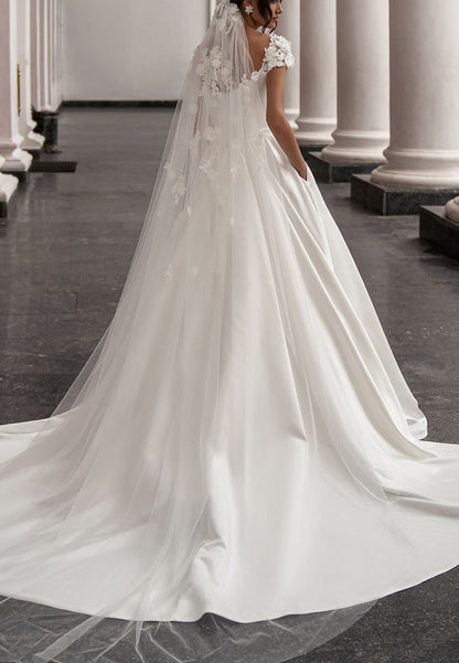 Square Cap Sleeves Pleated Satin A-Line Wedding Dress