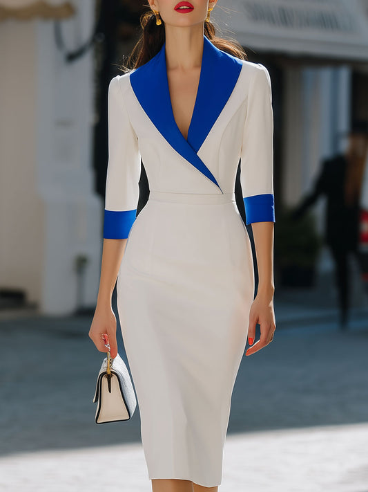 Chic Blue And White Colorblock Midi Dress