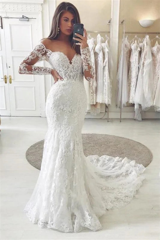 Long Sleeves V-Neck Lace Off-The-Shoulder Wedding Dress With Appliques