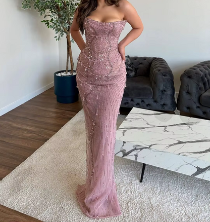 Classy Mermaid Strapless Tulle Pink Long Evening Dress Prom Dresses With Beads