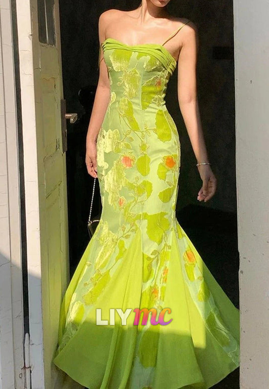 Gorgeous Spaghetti Straps Green Satin Print Floral Mermaid Party Dress Long Birthday Prom Dresses