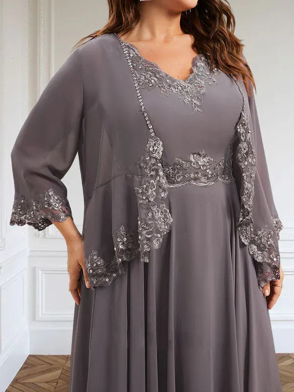 A-line V-Neck Ankle-Length Chiffon Mother of the Bride Dress With Sequins Appliques Lace Beading