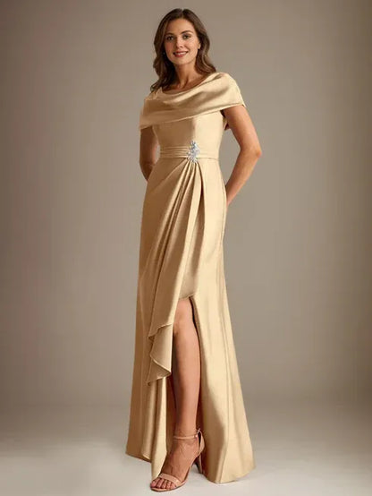 A-Line Scoop Floor-Length Stretch Satin Mother of the Bride Dress With Cascading Ruffles