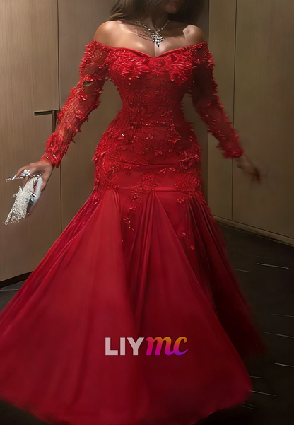 Off-Shoulder Floral Appliques A-Line Evening Dress