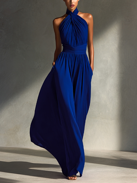 Women's Glamorous Woven Royal Blue Halter Ruched Waist Wide-Leg Pocketed Maxi Dress