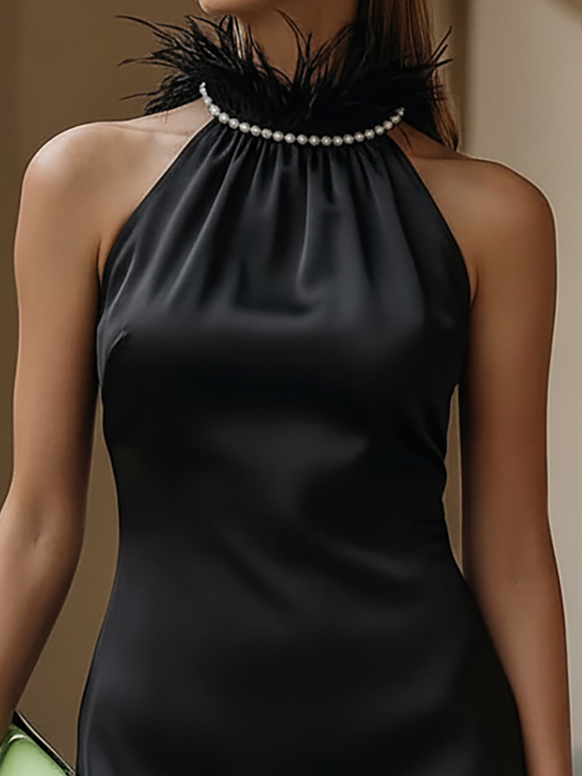 Chic Black Satin Halter Neck Dress With Feather Trim