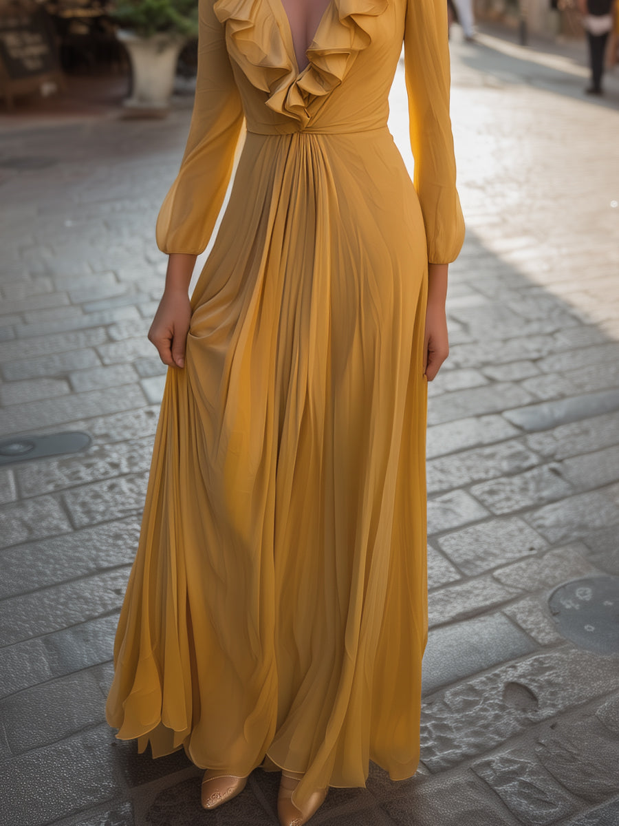 Ruffle Maxi Dress With Pleated Flow Skirt