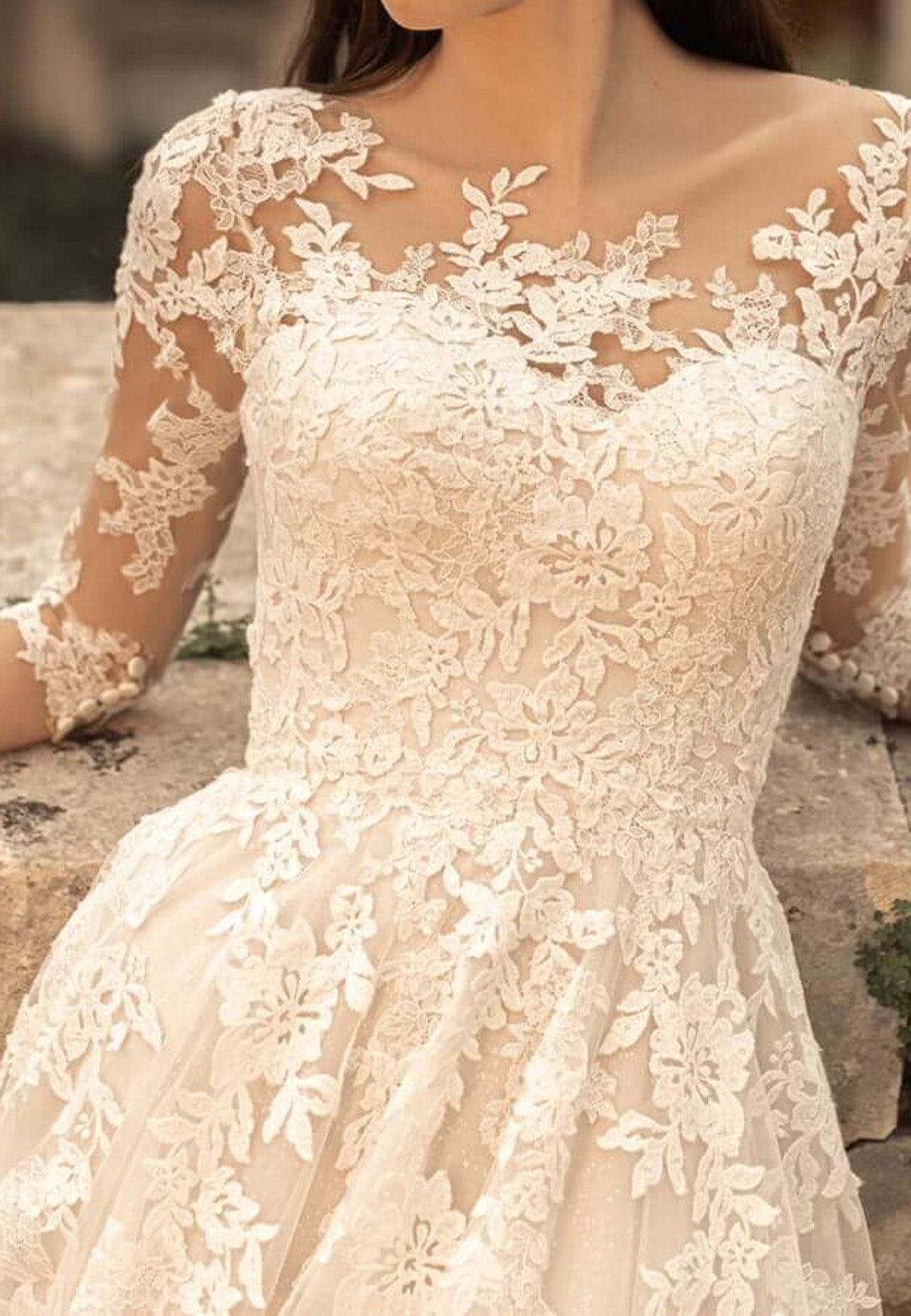 Scoop Long Sleeves Appliques Pleated A-Line Wedding Dress