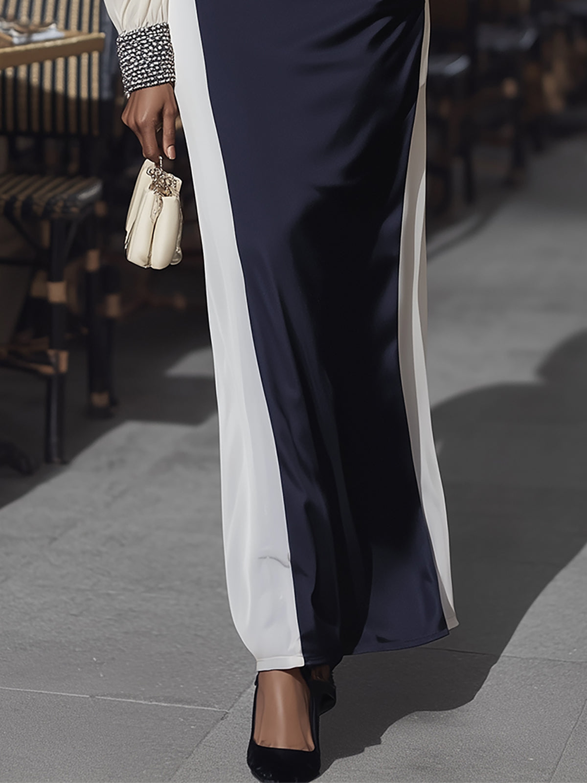 Cream And Navy Satin Color Block Long Sleeve Dress