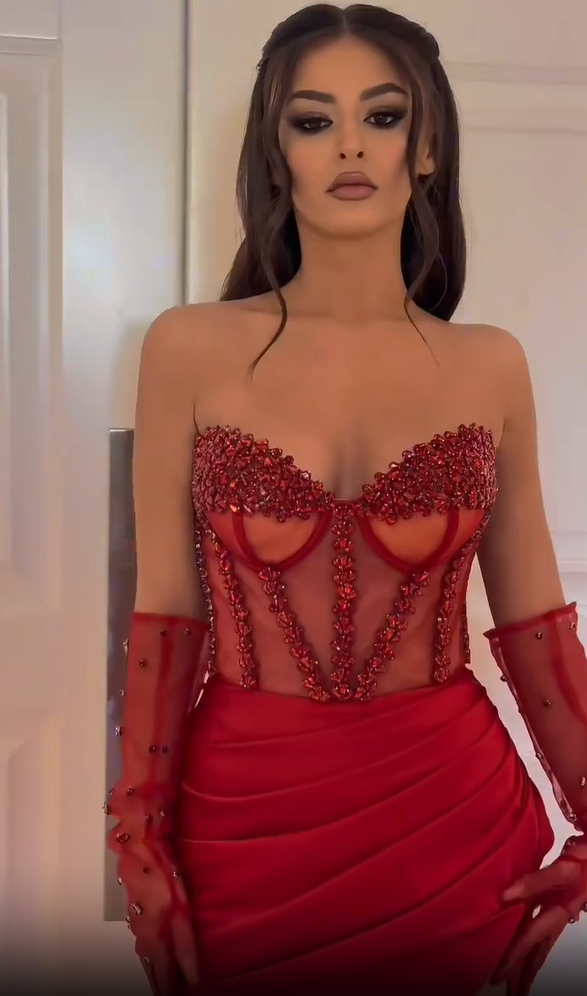 Red Beaded Sweetheart Gorgeous Prom Dress With Gloves INS0012