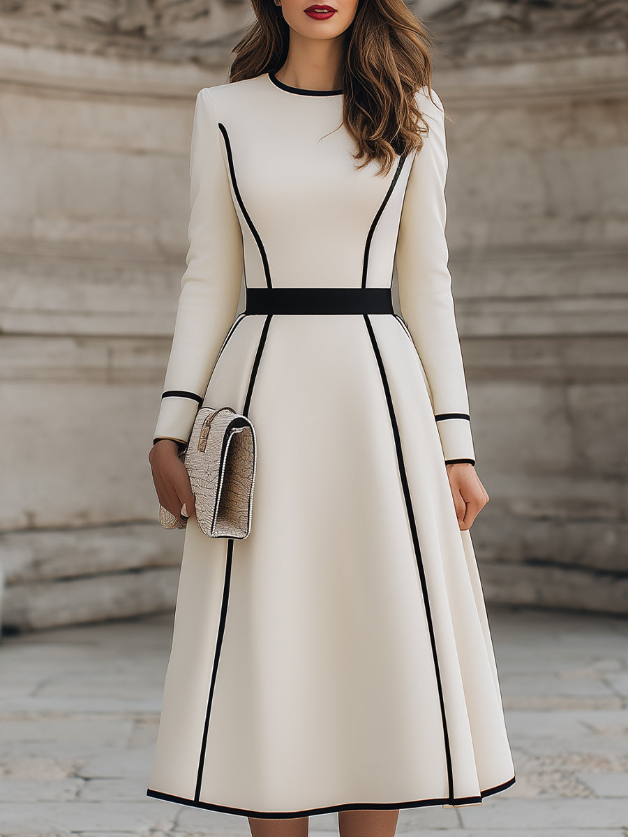 Ivory Long-Sleeve A-Line Midi Dress With Contrast Panel Lines
