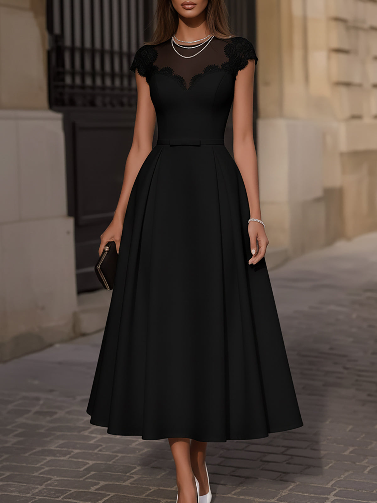 Elegant Black A-Line Dress With Lace Short Sleeves