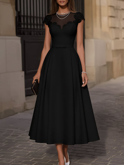Elegant Black A-Line Dress With Lace Short Sleeves