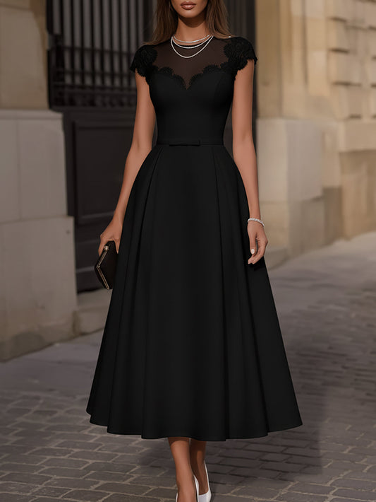 Elegant Black A-Line Dress With Lace Short Sleeves