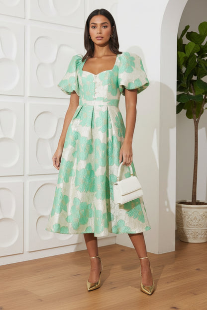 Sweetheart Printed Puff Sleeves A-Line Wedding Guest Dress