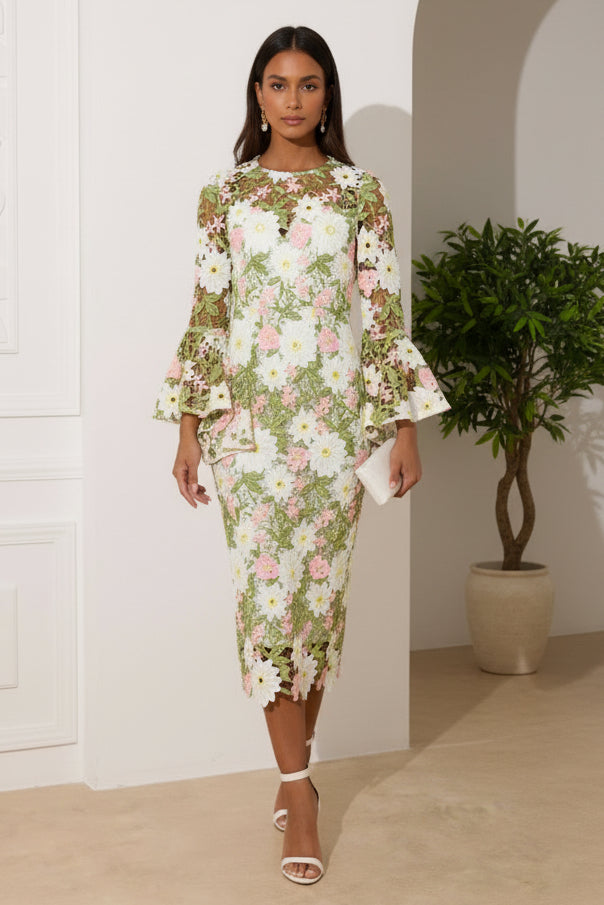 Scoop Long Sleeves Appliques Wedding Guest Dress