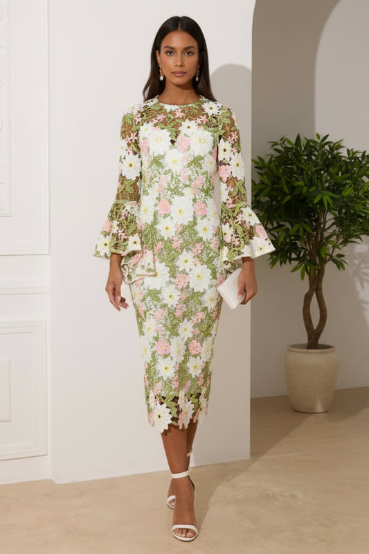 Scoop Long Sleeves Appliques Wedding Guest Dress