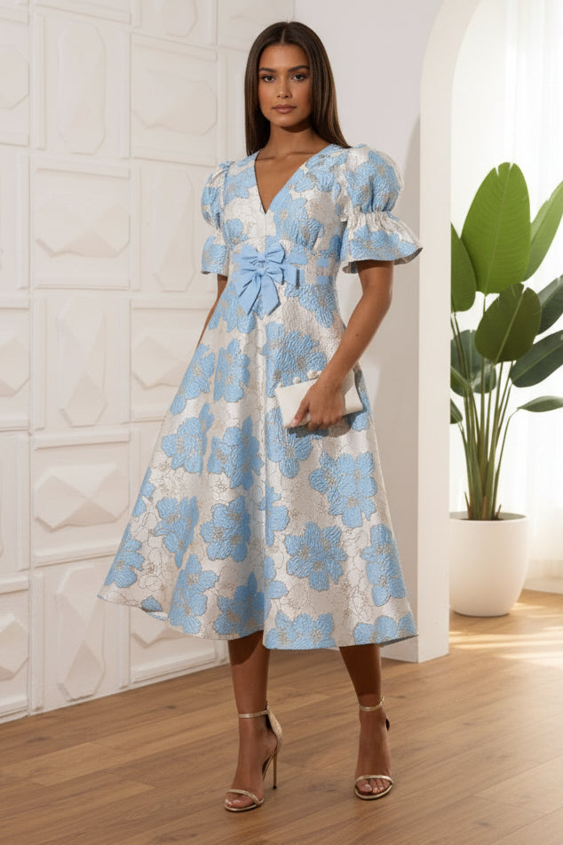 V-Neck Short Sleeves A-Line Wedding Guest Dress
