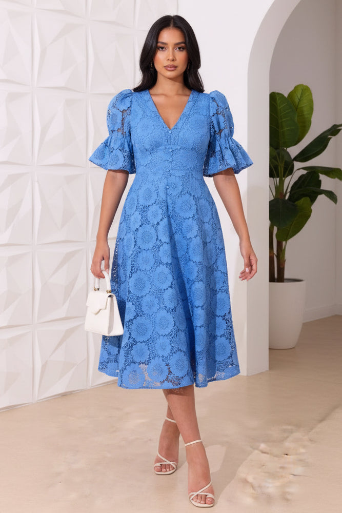 V-Neck Short Sleeves Appliques A-Line Cocktail Dress