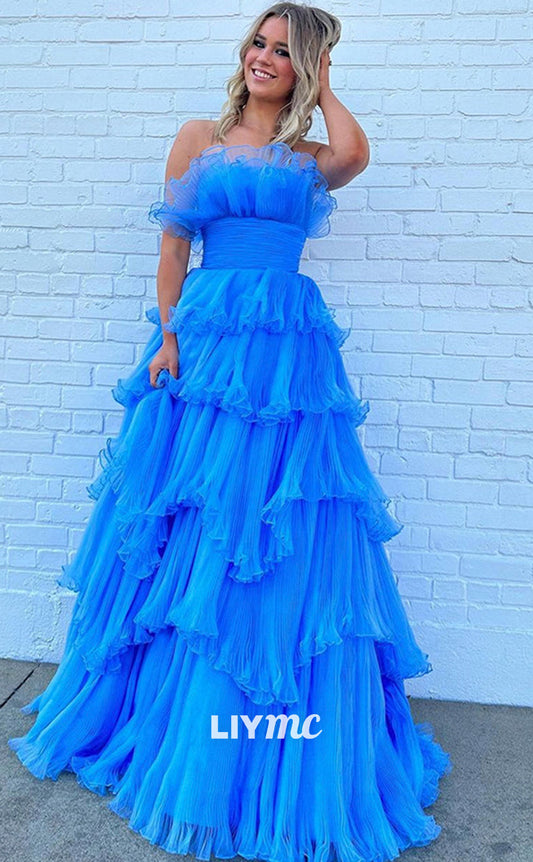 LP1875 - Blue A-Line Tulle Long Prom Dress Blue Formal Dress