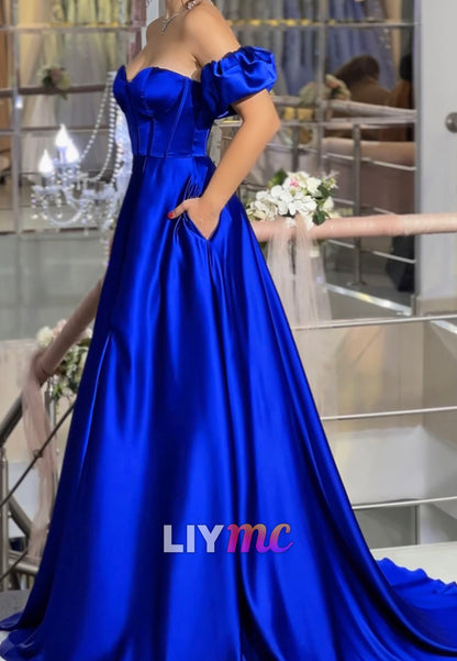 Sweetheart Puff Sleeves Pleated Satin A-Line Prom Dress