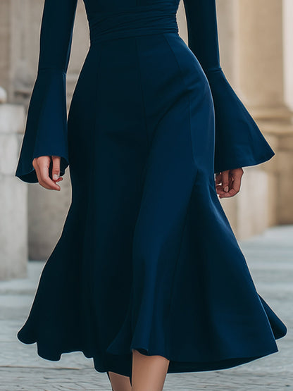 Navy Flared Midi Dress With Keyhole Neckline