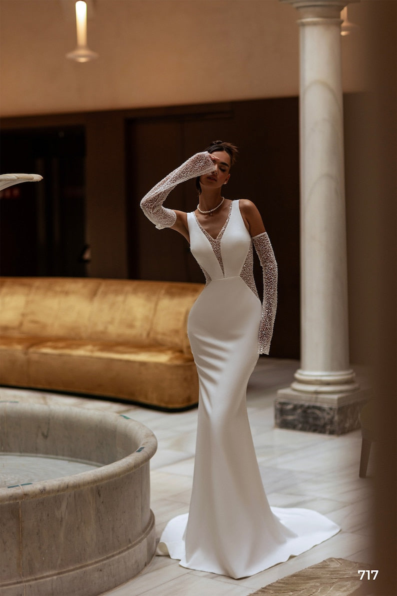 Mermaid wedding dress Cathedral  Lace Detachable sleeves wedding dress