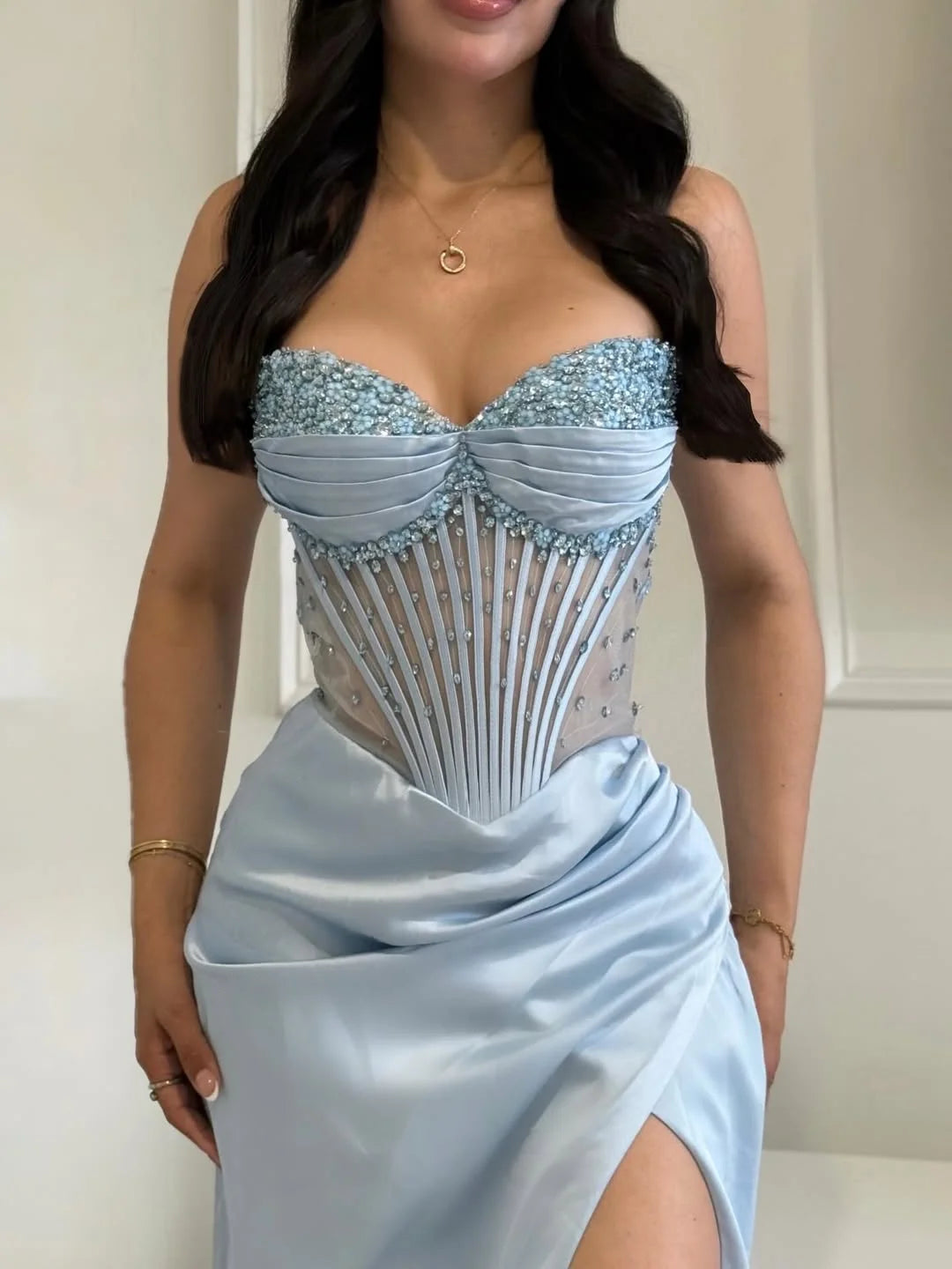 Dreamy Sky Blue Sweetheart Sleeveless Split Beaded Prom Dress YK0293