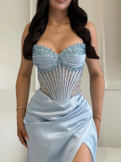 Dreamy Sky Blue Sweetheart Sleeveless Split Beaded Prom Dress YK0293