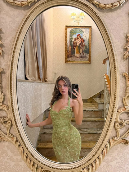 Exquisite Green Halter Sleeveless Sequins Applique Prom Dress YK0555