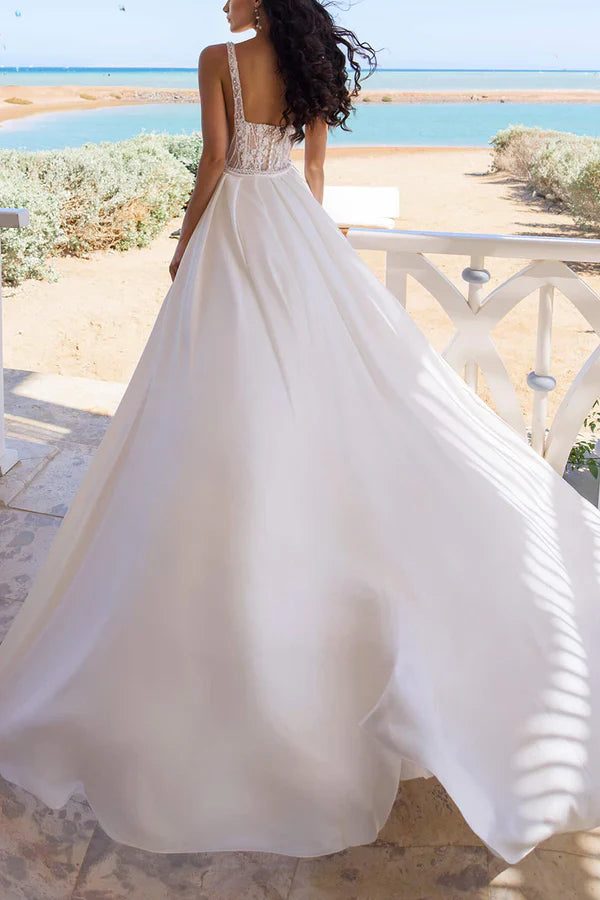 A unique square lace top with side slits and bohemian style wedding dress