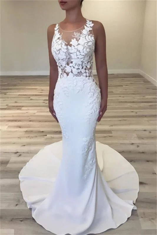 Jewel Sleeveless Long Wedding Dress Mermaid With Lace Appliques